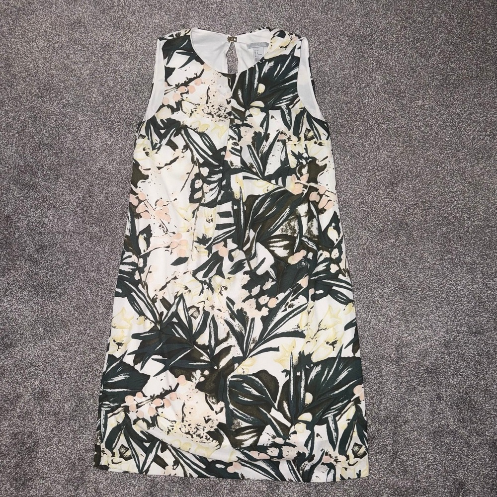 H&M Women's Green, Pink & White Leaf Pattern Knee Length Dress - Size 4